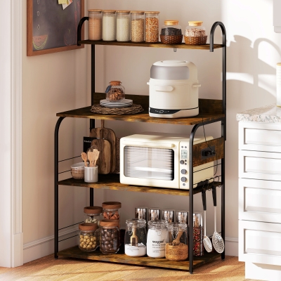 HOMCOM Baker's Rack with Charing Station, Microwave Shelf with Power Outlet, USB Charger and 4 Hooks, Rustic Brown
