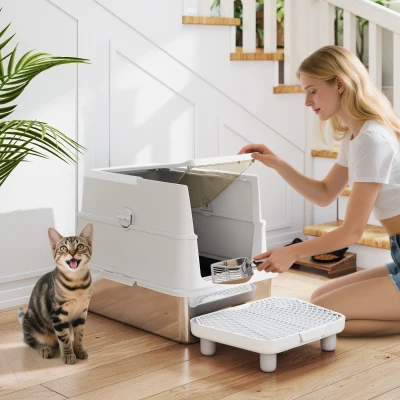 PawHut XL Stainless Steel Cat Litter Box with Flip Cover & Scoop