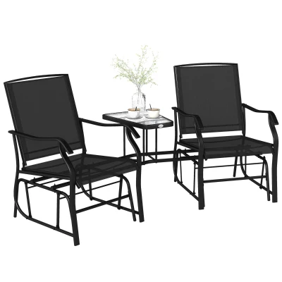 Outsunny Patio Double Glider Chair with Glass Top Center Table, Outdoor Glider Chair with High Back,  Sling Fabric for Garden, Bench, Black