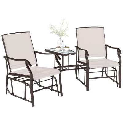 Outsunny Patio Double Glider Chair with Glass Top Center Table, Outdoor Glider Chair with High Back,  Sling Fabric for Garden, Bench, Beige