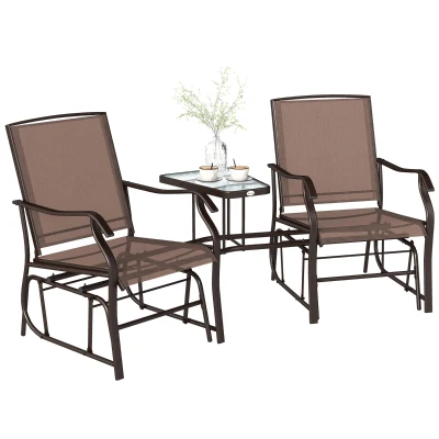 Outsunny Patio Double Glider Chair with Glass Top Center Table, Outdoor Glider Chair with High Back,  Sling Fabric for Garden, Bench, Brown