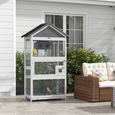 PawHut Wooden Bird Cage with Perches, Bird House, Ladder, Slide-Out Tray for Finches, Parakeets, Small Birds, Grey