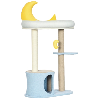 PawHut Moon Cat Tower for Indoor Cats with Teddy Fleece House Bed Scratching Post Hanging Toy Star Platform 41" Blue
