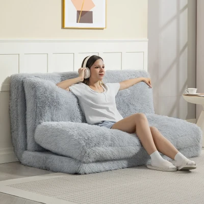 HOMCOM Bean Bag Floor Sofa Bed, Folding Mattress Sleeper, Light Gray