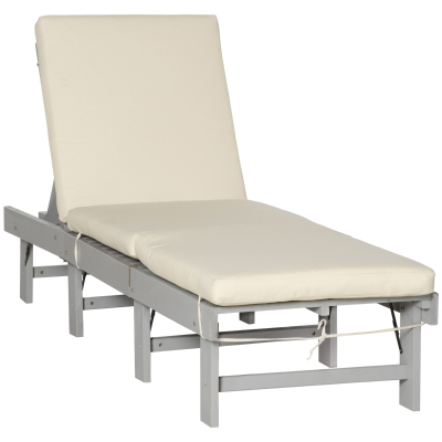 Outsunny Wooden Folding Chaise Lounge, Outdoor Chaise Lounge Chair, Garden Reclining Tanning Chair with 4 Adjustable Back Soft Cushions, Light Grey