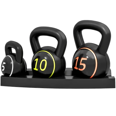 Soozier Three-Piece Kettlebell Set Weights with Storage Stand for Home Gym Weight Lifting Training, 5lbs, 10lbs, 15lbs (2.2kg, 4.5kg, 6.8kg)