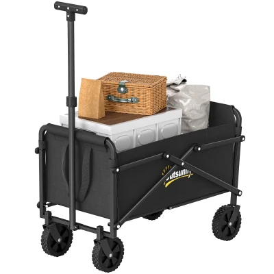 Outsunny Small Collapsible Folding Garden Cart, Heavy Duty Lawn Wagon with Universal Wheels and Adjustable Handle, Black