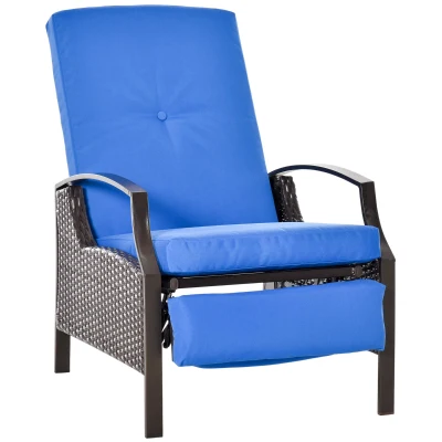 Outsunny Outdoor Rattan Recliner Chair, Wicker Reclining Chair with Adjustable Back Retractable Footrest Cushion Blue