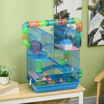 PawHut 18.5" Hamster Cage, 5 Tiers Small Animal House with Tunnel Tube System, Exercise Wheel, Water Bottle, Blue