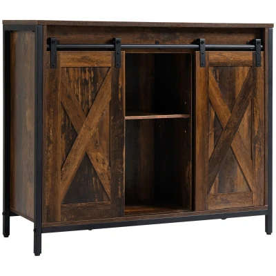 HOMCOM Industrial Sideboard, Buffet Cabinet with Sliding Barn Doors, Storage Cabinets and Adjustable Shelves for Living Room, Kitchen, Home Bar, Rustic Brown