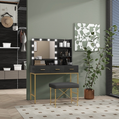 HOMCOM Illuminated Dressing Table, LED Vanity Table with Mirror, 3 Drawers and Storage Shelves for Bedroom, Black