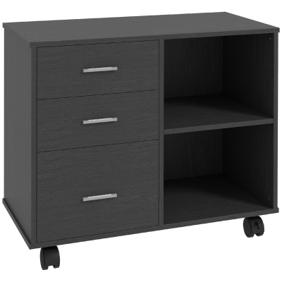 HOMCOM Modern Lateral Filing Cabinet, 3 Drawer File Cabinet for Letter and A4 Size Documents, Mobile, Printer Stand with Open Shelves, Rolling Wheels, Black