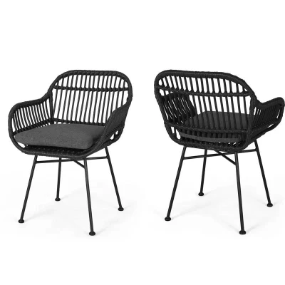 Set of 2 Outdoor Woven Faux Rattan Chairs with Cushions, Modern Patio Seating with Steel Frame, 24" L x 24" W x 32" H, Brown+Beige