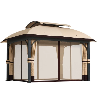 Outsunny 11' x 13' Patio Gazebo, Double Roof Outdoor Gazebo Canopy with Netting & Curtains, Galvanized Metal Frame, Khaki