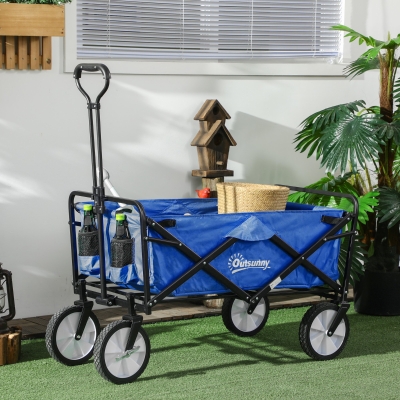 Outsunny Small Collapsible Folding Wagon Cart, Heavy Duty Outdoor Utility Garden Cart with Universal Wheels and Adjustable Handle for Camping Sports Shopping Beach, Dark Blue