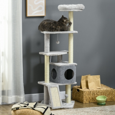 PawHut 57.5" Cat Tree with Scratching Posts, Large Cat Tower for Indoor Cats with Bed, House, Toys, Grey