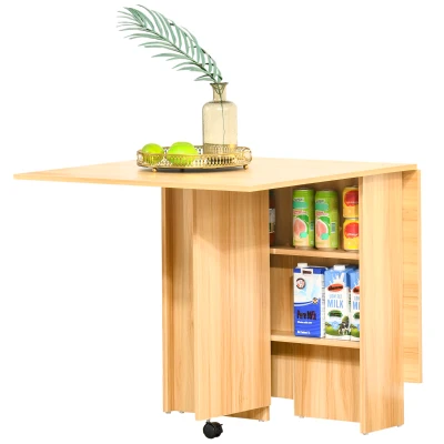 HOMCOM Folding Dining Table, 55" Drop Leaf Table for Small Spaces, Foldable Table with Storage Shelves for Kitchen, Dining Room, Teak