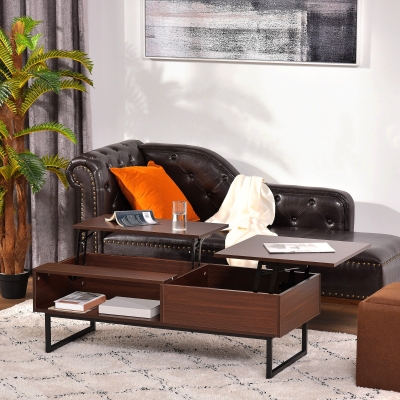 HOMCOM Modern Lift Top Coffee Table with Hidden Storage Compartment and Metal Frame, Center Table for Living Room, Brown