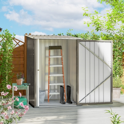 Outsunny 3.3' x 3.4' Lean-to Outdoor Garden Storage Shed, Galvanized Steel with Lockable Door for Patio Brown and White