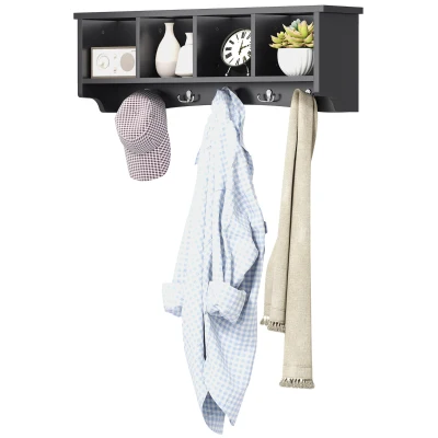 HOMCOM Coat Rack Wall Mount with Shelf, 28" Wall Coat Rack with 5 Hooks and 4 Compartments for Living Room, Entryway, Black