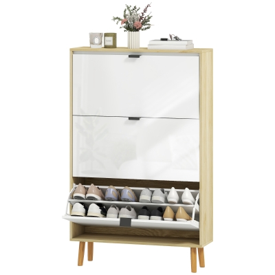 HOMCOM Narrow Shoe Cabinet, High Gloss Shoe Storage Cabinet with 3 Flip Drawers and Adjustable Shelves, Holds 24 Pairs, White
