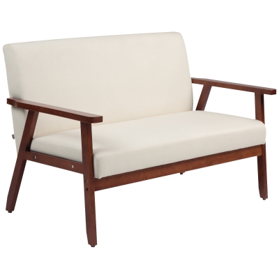 HOMCOM Compact Loveseat Sofa Couch Linen Fabric Double Seat Sofa with Rubber Wood Legs Cream White