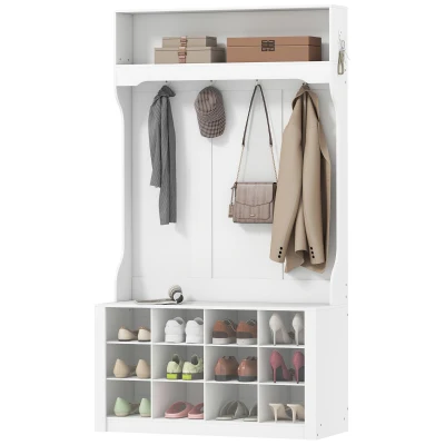 HOMCOM 4-In-1 Hall Tree with Bench and Shoe Storage, Farmhouse Coat Rack Shoe Bench with 12 Shoe Cubbies, 6 Hooks, White