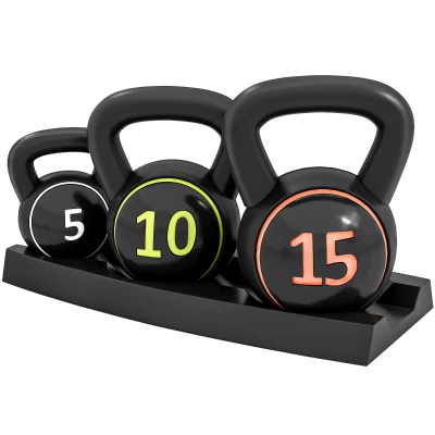 Soozier Three-Piece Kettlebell Set Weights with Storage Stand for Home Gym Weight Lifting Training, 5lbs, 10lbs, 15lbs (2.2kg, 4.5kg, 6.8kg)