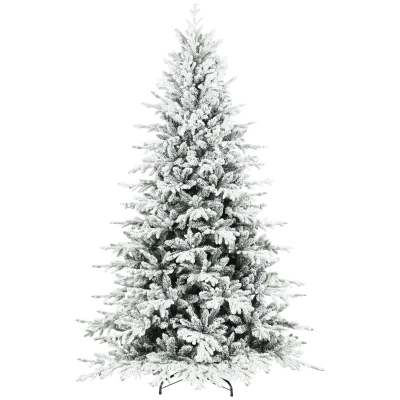 HOMCOM 7ft Artificial Flocked Christmas Tree, Full Snow Pine Tree Holiday Decor, Hinged Xmas Tree with Realistic Tips, Metal Stand, Easy Assembly