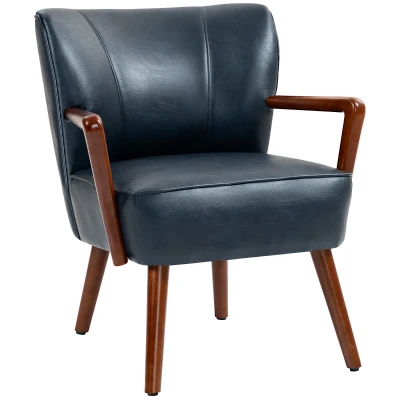 HOMCOM Accent Chair, Modern Armchair, Faux Leather Upholstered Living Room Chair with Wood Legs and Wide Padded Seat, Blue