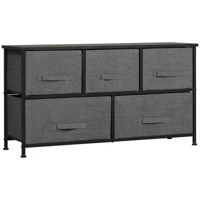 HOMCOM Linen Drawer Cabinet Organizer Storage Dresser Tower with 5 Removable Drawer Metal Frame Adjustable Feet for Living Room, Kitchen, Bathroom, Dark Grey