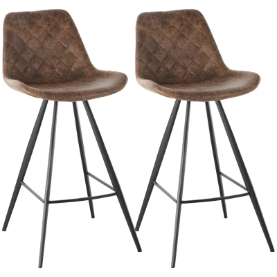 HOMCOM Bar Height Bar Stools Set of 2, Microfiber Cloth Bar Chairs with Metal Leg, Padded Seat, Kitchen Stools for Kitchen Island, Brown