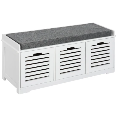 HOMCOM Upholstered Shoe Cabinet Storage Bench with Padded Cushion, with 3 drawer Enough Storage Space Bench Stool for Living Room Entryway Furniture, White