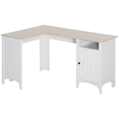 HOMCOM L-Shaped Computer Desk with Shelf and Storage Cabinet, Corner Writing Desk, Home Office Workstation, Natural Wood and White