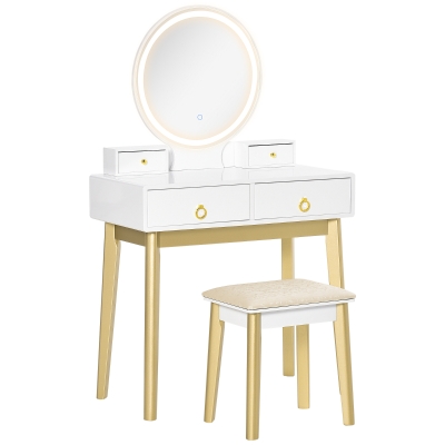 HOMCOM Makeup Vanity Table Set with Round Mirror, Built-in 3 Color LED Light, Dressing Desk with 4 Drawers and Cushioned Stool for Bedroom, White