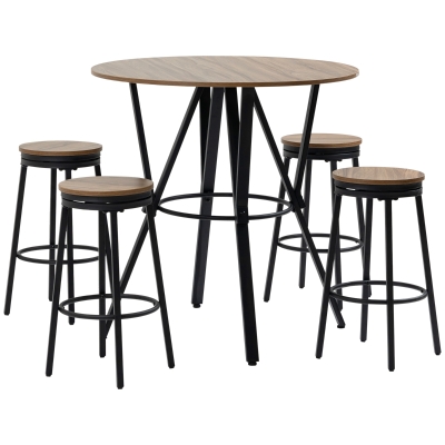HOMCOM Industrial Bar Table Set, Round Table & 4 Swivel Stools, Light Brown