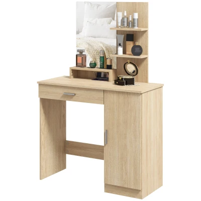 HOMCOM Dressing Table, Vanity Table with Mirror, Drawer and Storage Shelves for Bedroom, 35.4" x 15" x 54.3", Maple Wood