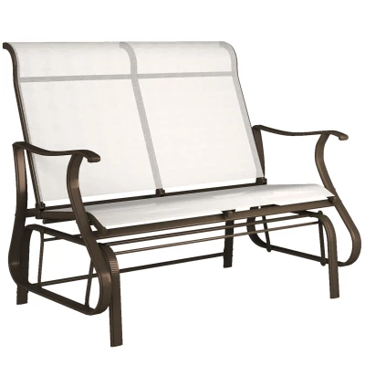 Outsunny Garden Double Gliding Chair, Patio Glider Armchair for Outdoor, Backyard Mesh Seat and Backrest, Steel Frame Cream White