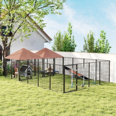 PawHut Large Outdoor Dog Kennel with 2 Rooms, Rotating & Adjustable Height Bowls, 13.5' x 9.4' x 5.1'