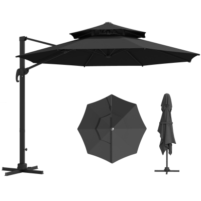 Outsunny 11ft Outdoor Cantilever Umbrella Rotatable Sun Shade Aluminum Market Umbrella with Adjustable Angle & Double-top Canopy for Backyard, Poolside, Lawn and Garden Dark Grey