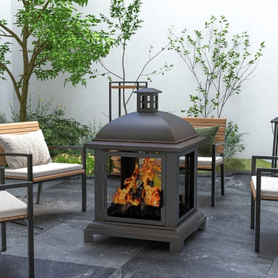 Outsunny Wood-Burning Fire Pit, Chimney Style Firepit with Poker, 26" x 26", Black