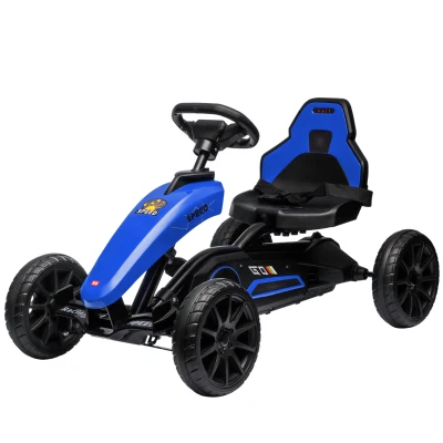 Aosom Pedal Go Kart for Kids, Pedal Car with Swing Axle, Adjustable Bucket, Handbrake, 4 EVA Wheels Powered Ride, Indoor Foot Racer, for 3-8 Years Old, Blue