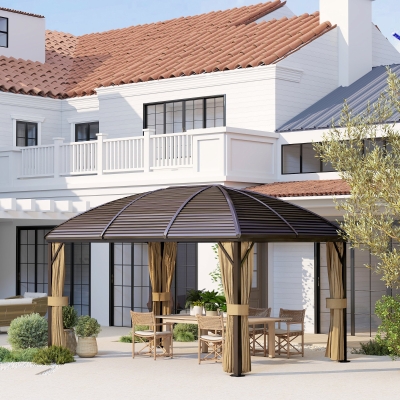 Outsunny 10' x 13' Hardtop Gazebo Aluminum Outdoor Canopy with Mesh Nettings, Curtains, Brown