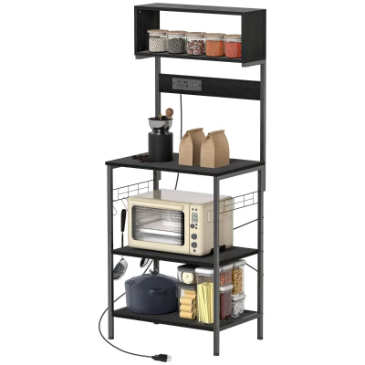 HOMCOM Baker's Rack with Charing Station, Microwave Shelf with Power Outlet, USB Charger and 5 Hooks, Black