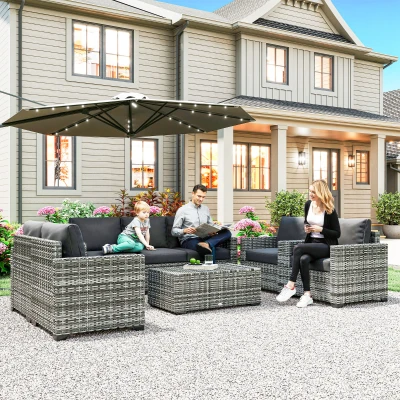 Outsunny Patio Furniture Set, Gray Sofa & Loveseat with Storage Table