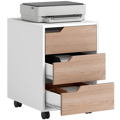 HOMCOM 3 Drawer File Cabinet, Mobile Vertical Filing Cabinet with Wheels, Printer Stand with Storage for Home Office, Oak