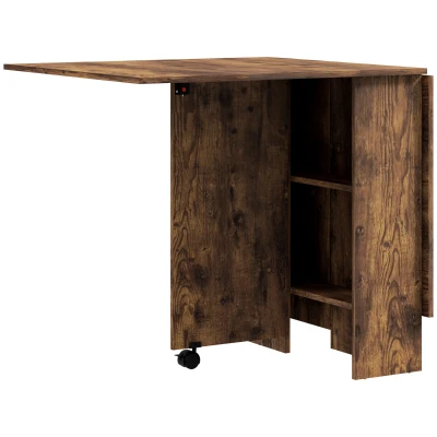 HOMCOM Extendable Dining Table, Collapsible Folding Table w/ 2-tier Shelves and Rolling Casters, Rustic Brown