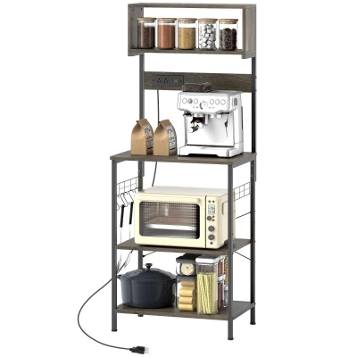HOMCOM Baker's Rack with Charing Station, Microwave Shelf with Power Outlet, USB Charger and 5 Hooks, Distressed Grey