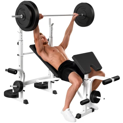 Soozier Bench Press Set Adjustable Weight Bench with Squat Rack, Preacher Curl Pad, Leg Developer and Weight Storage, White