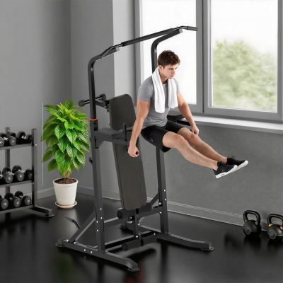 Soozier Foldable Power Tower Pull Up Dip Station with Adjustable Weight Bench for Home Gym Strength Training Fitness